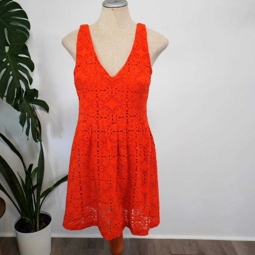Sezane Lace V-Neck Dress 36 Orange Red Sleeveless Fit Flare French Boho Summer